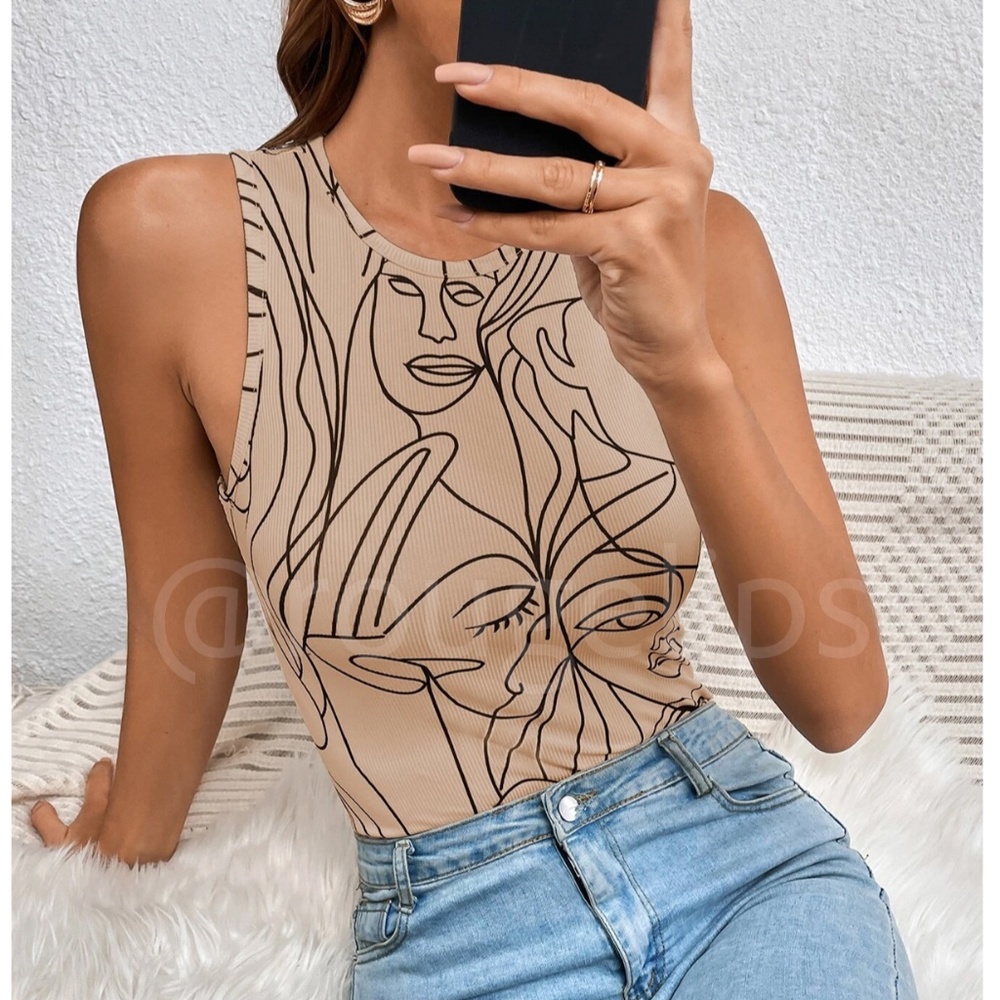 Abstract Face Print Beige Tan Sleeveless Bodysuit Slim Fit Ribbed